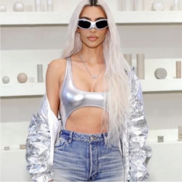 SKIMS METALLIC SWIM CUT-OUT MONOKINI in Nickel NEW L - Picture 2 of 6